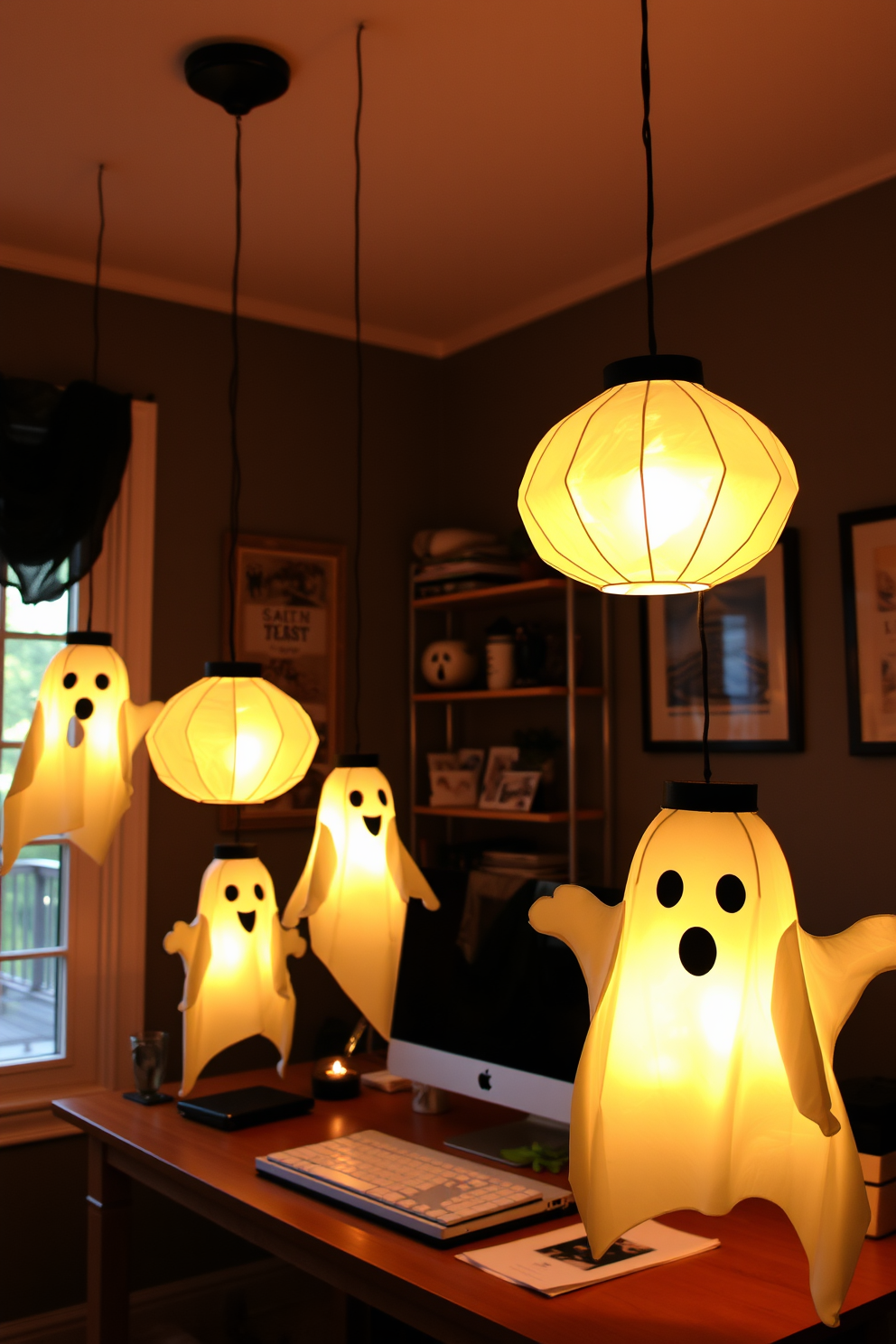 A cozy home office decorated for Halloween features hanging paper lanterns shaped like playful ghosts. The lanterns cast a warm glow, creating an inviting atmosphere while adding a festive touch to the workspace.