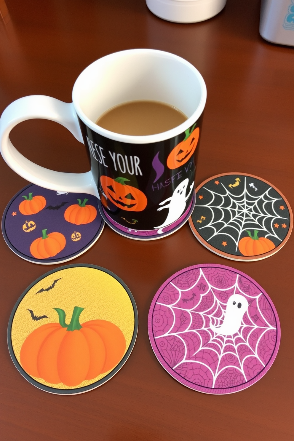 Themed coasters for your coffee mug featuring a Halloween motif. Each coaster showcases different spooky designs such as pumpkins, ghosts, and cobwebs, adding a festive touch to your workspace. Incorporate rich autumn colors like orange, black, and purple into the coaster designs. The coasters are crafted from durable materials, perfect for protecting your desk while celebrating the season.