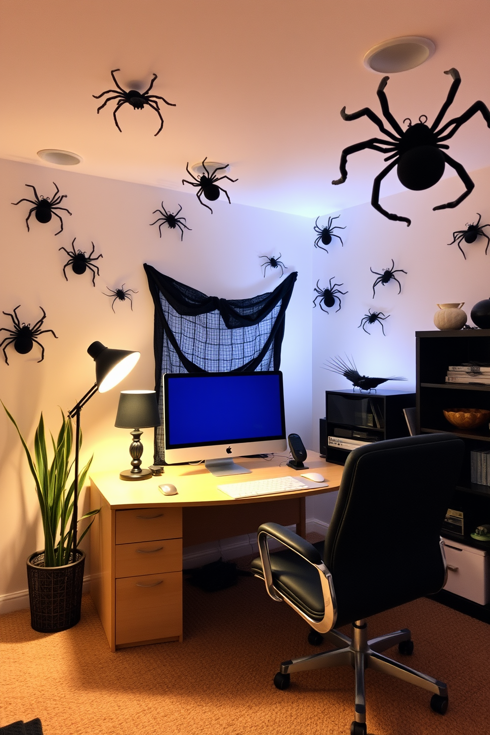 A cozy home office adorned with playful fake spider decorations on the walls. The space is illuminated by warm lighting, creating a festive Halloween atmosphere while maintaining a professional vibe.