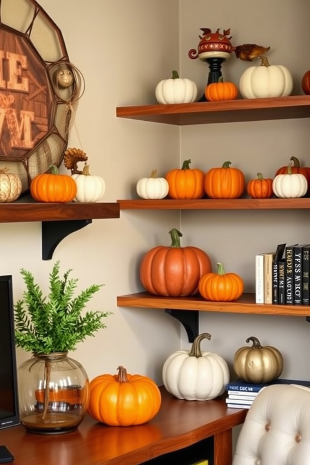 A cozy home office decorated for Halloween features shelves adorned with miniature pumpkins of various sizes and colors. The warm tones of the pumpkins complement the rich wooden shelves, creating a festive yet sophisticated atmosphere.