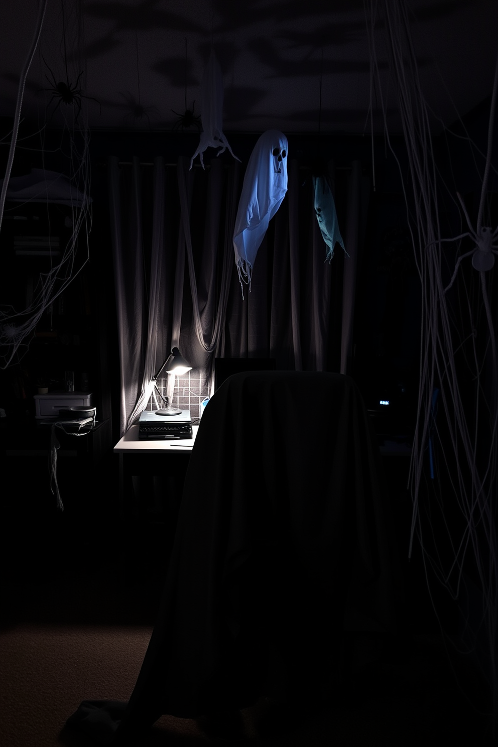 A spooky home office setting for Halloween. Creepy cloth is draped over the desk and chair, creating an eerie atmosphere. Ghostly decorations hang from the ceiling, casting shadows in the dim light. A collection of cobwebs and fake spiders adds to the unsettling charm.