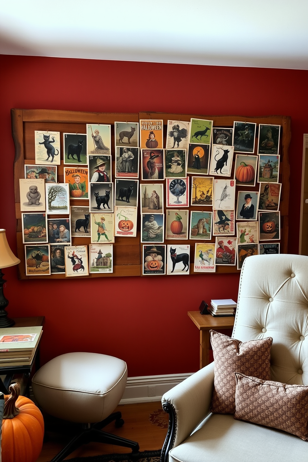 A collection of vintage Halloween postcards is artfully displayed on a rustic wooden board in a cozy home office. The postcards feature classic Halloween imagery such as black cats, pumpkins, and witches, adding a nostalgic charm to the workspace. The home office is decorated with warm, autumnal colors, including deep oranges and rich browns. A comfortable chair and a small desk are positioned near a window, allowing natural light to illuminate the festive decor.