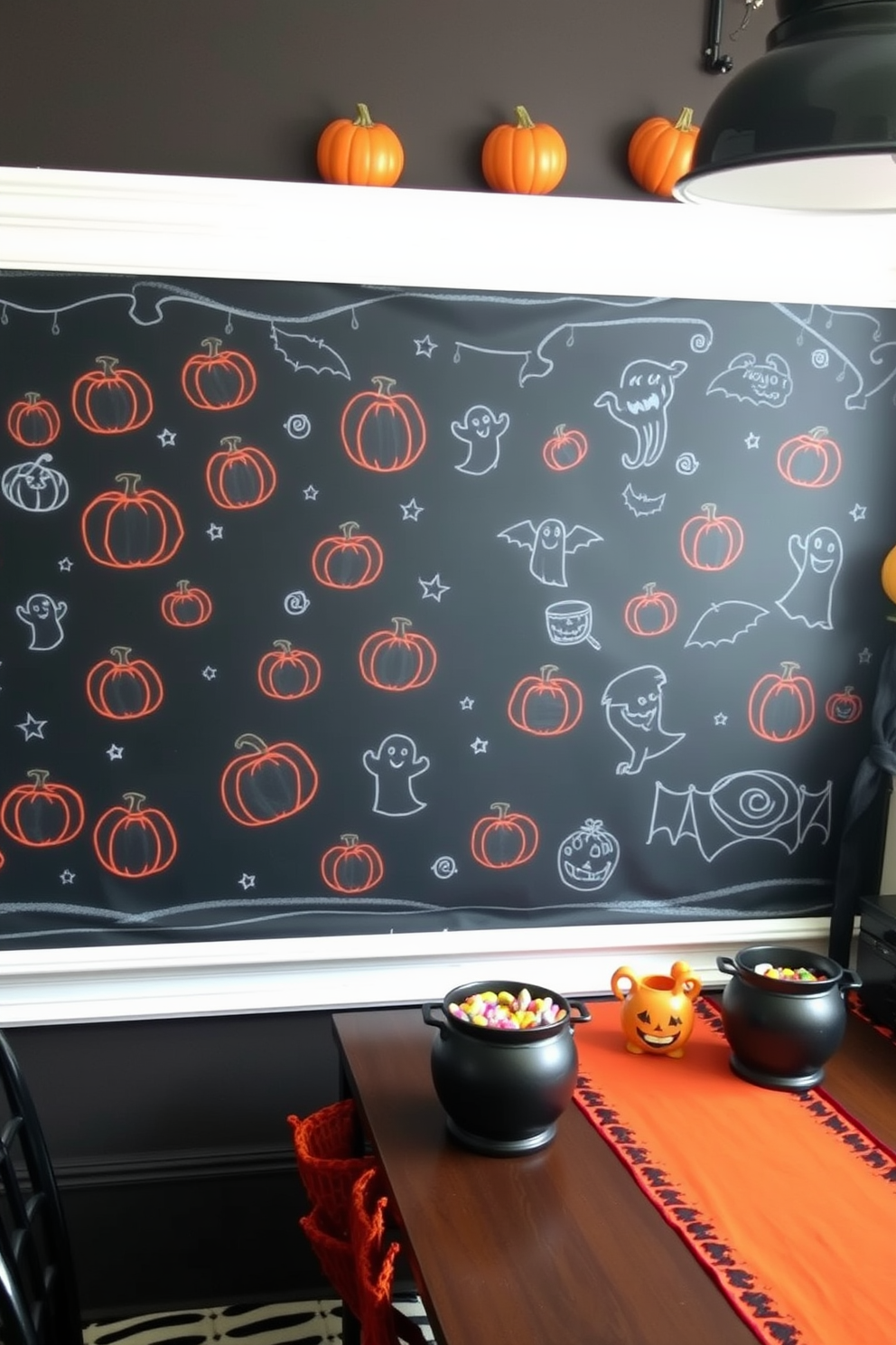 A cozy home office decorated for Halloween features a large chalkboard filled with playful doodles of pumpkins, ghosts, and bats. The desk is adorned with orange and black accents, including a festive table runner and a small cauldron filled with candy.