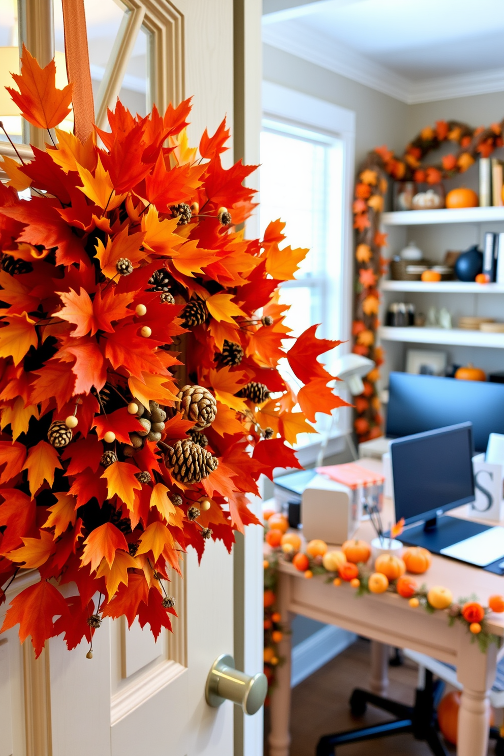 A colorful fall wreath adorns the front door, showcasing vibrant red, orange, and yellow leaves intertwined with small pumpkins and pinecones. The warm hues invite guests into a cozy atmosphere, setting the tone for the season. Inside the home office, a blend of autumn-themed decorations brings the spirit of Halloween to life. Subtle touches like miniature pumpkins on the desk and a festive garland along the shelves create a cheerful yet productive workspace.