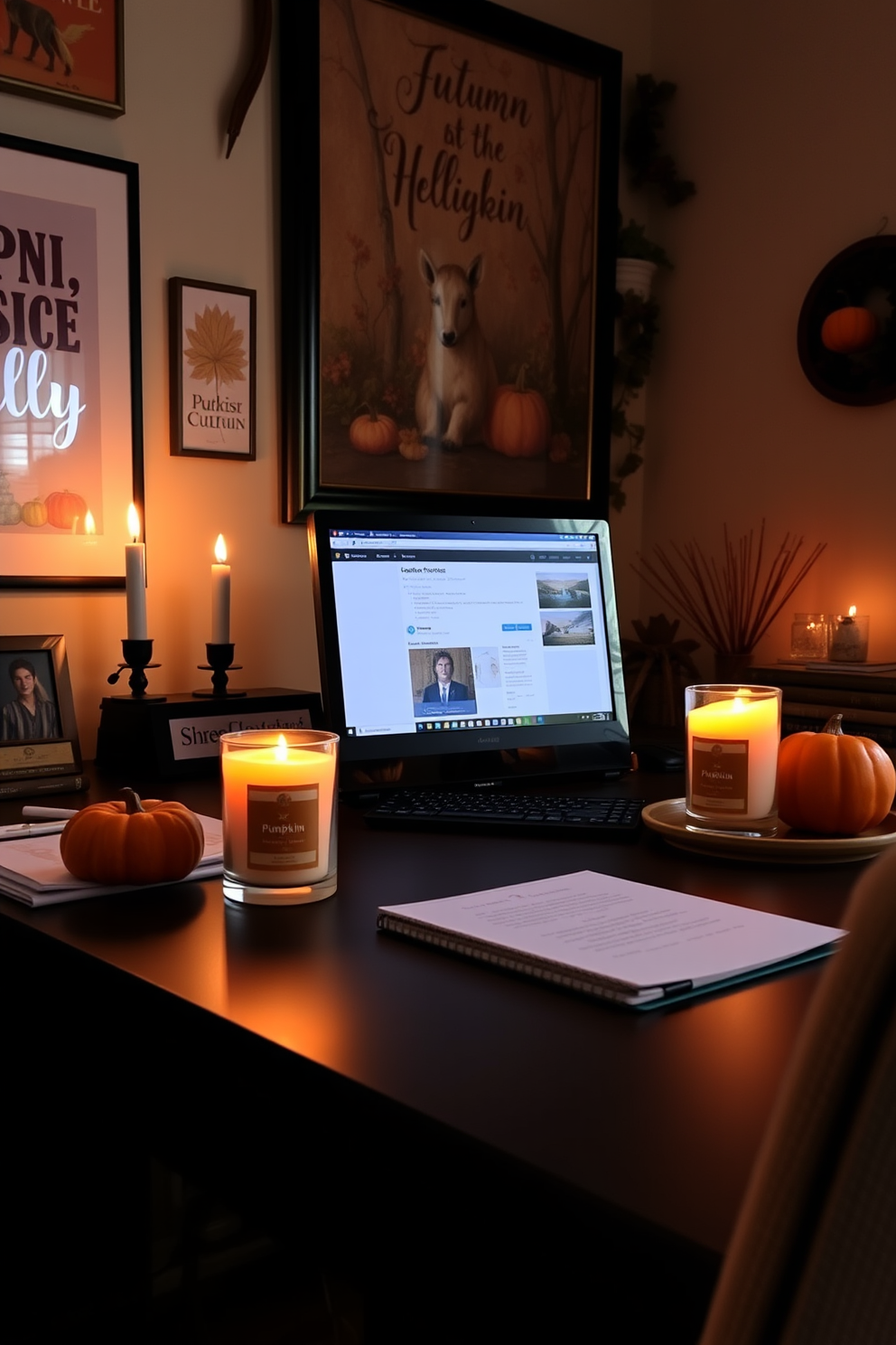 A cozy home office setting adorned with pumpkin spice scented candles flickering gently on the desk. The walls are decorated with autumn-themed artwork and a warm color palette of oranges and browns, creating an inviting atmosphere for creativity.