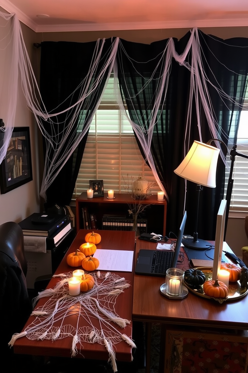 A cozy home office decorated for Halloween features faux cobwebs delicately draped in the corners, adding an eerie yet whimsical touch to the space. The desk is adorned with small pumpkins and flickering candlelight, creating an inviting atmosphere perfect for spooky season productivity.