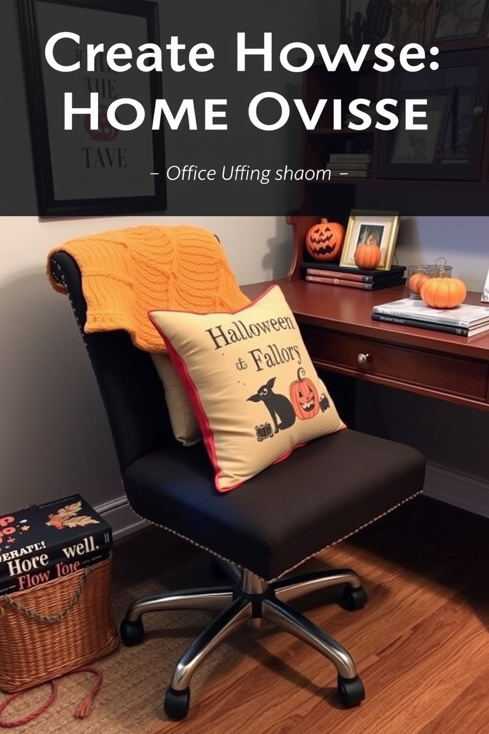 Create a cozy home office space featuring a comfortable chair adorned with seasonal throw pillows that showcase Halloween themes. The desk is neatly organized with autumn-inspired decor, and a small pumpkin sits beside a stack of books for a festive touch.