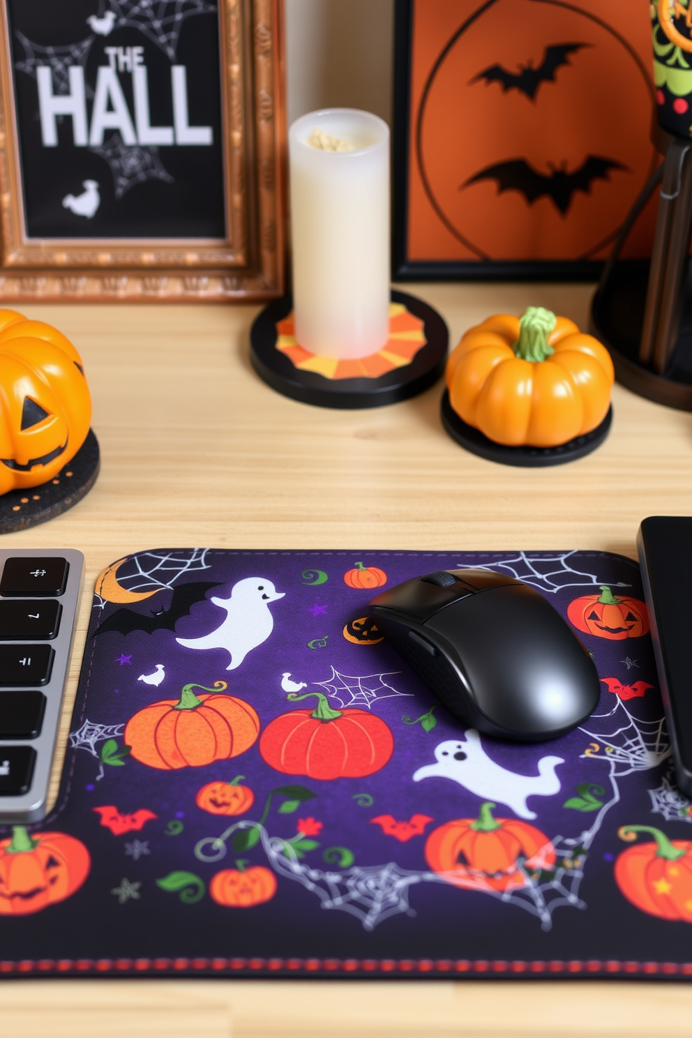 A Halloween-themed mouse pad designed for a desk setting. The mouse pad features vibrant colors with spooky motifs such as pumpkins, ghosts, and cobwebs to enhance the festive atmosphere. Incorporate Halloween home office decorating ideas that complement the mouse pad. Use accents like miniature pumpkins, bat-shaped coasters, and themed wall art to create a cohesive Halloween vibe.