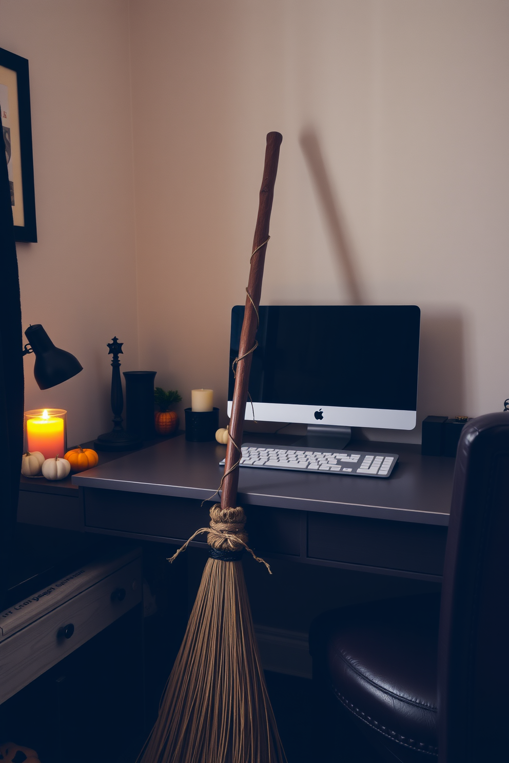 A decorative broomstick leans casually in the corner of a cozy home office, surrounded by subtle Halloween-themed decor. The desk is adorned with small pumpkins and a flickering candle, creating an inviting atmosphere perfect for seasonal inspiration.