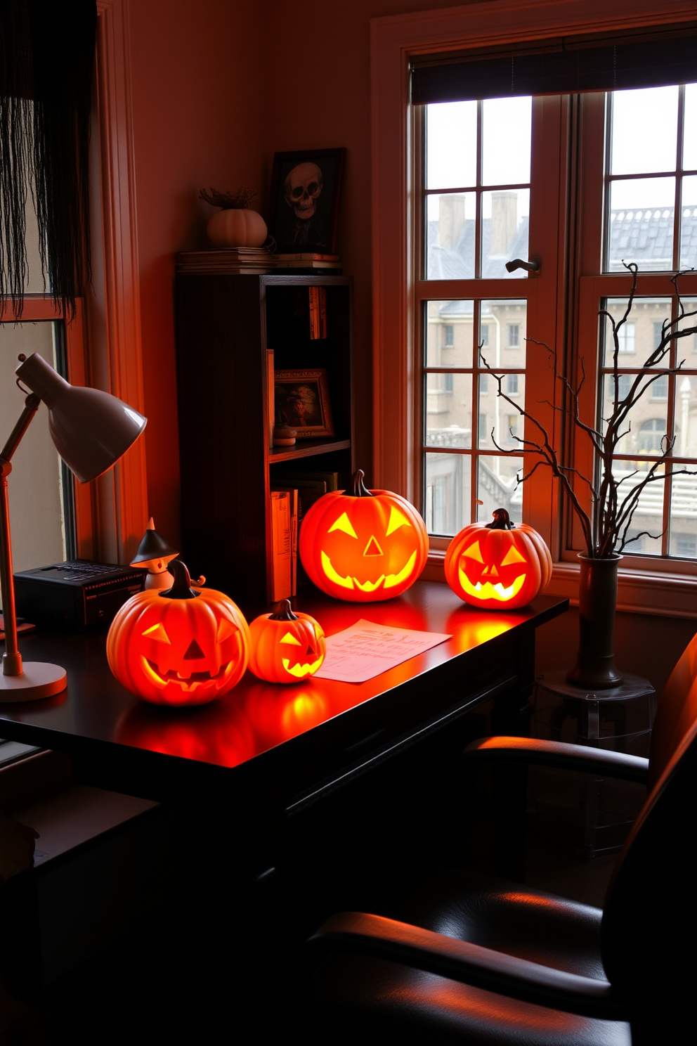 A cozy home office setting adorned with glowing jack-o-lanterns on the desk. The warm orange light casts playful shadows, enhancing the festive Halloween atmosphere.