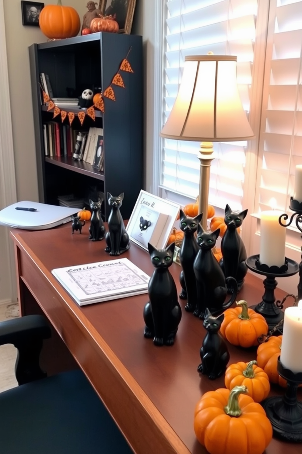 A cozy home office setting decorated for Halloween. On the desk, there are several black cat figurines in various poses, surrounded by autumn-themed decor like miniature pumpkins and spooky candles.