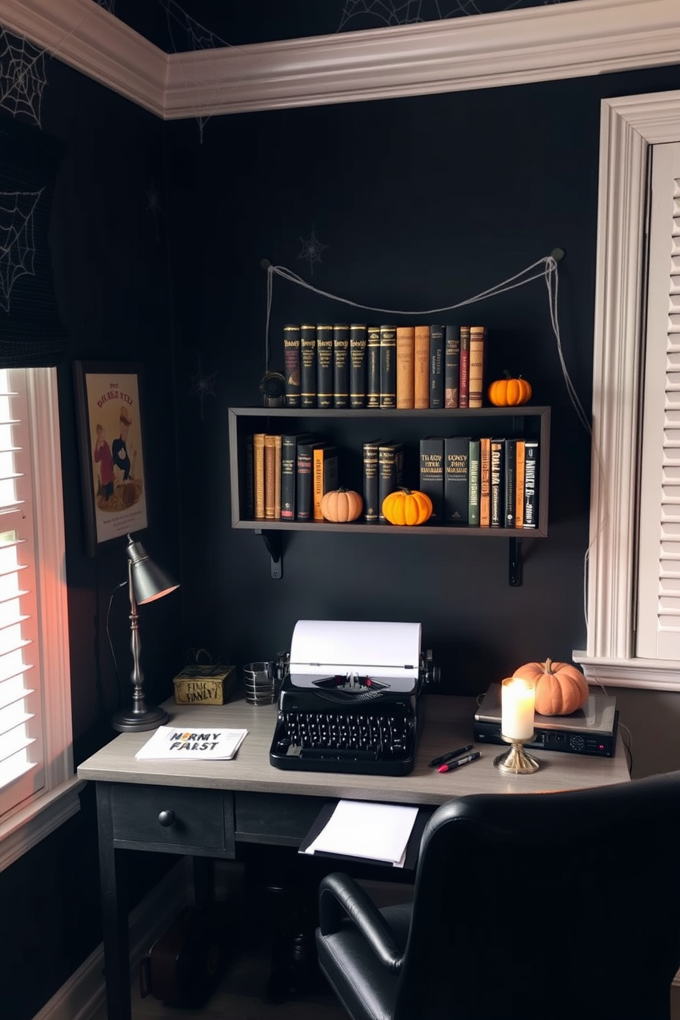 A cozy home office setting perfect for Halloween. The walls are adorned with dark, moody colors and subtle cobweb decorations, while a desk is set up with a vintage typewriter and a flickering candle. A spooky music playlist plays softly in the background, enhancing the eerie atmosphere. A shelf filled with classic horror novels and small pumpkins adds a festive touch to the space.