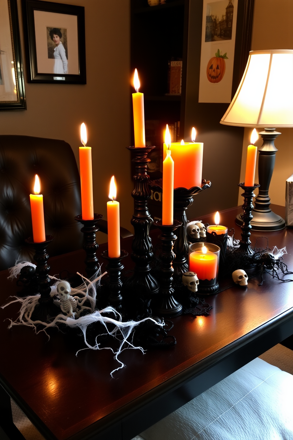 A spooky candle arrangement is displayed on a dark wooden desk, featuring various sizes of black and orange candles in intricate holders. The flickering candlelight casts eerie shadows across the room, enhancing the Halloween ambiance. Surrounding the candles are decorative elements like faux cobwebs and small skull figurines, creating a festive yet unsettling atmosphere. A dimly lit corner lamp adds to the overall mood, making the home office a perfect space for Halloween-themed creativity.