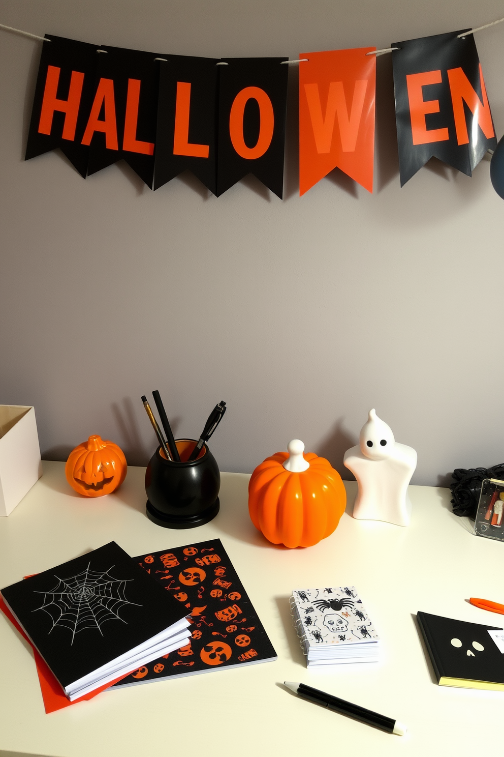 A spooky desk setup featuring Halloween-themed accessories. There are orange and black decorative items including a pumpkin-shaped pen holder and ghost-shaped paperweights. The desk is adorned with themed stationery such as spider web notepads and skull-patterned sticky notes. A festive banner with Halloween motifs hangs above the workspace, adding to the seasonal charm.