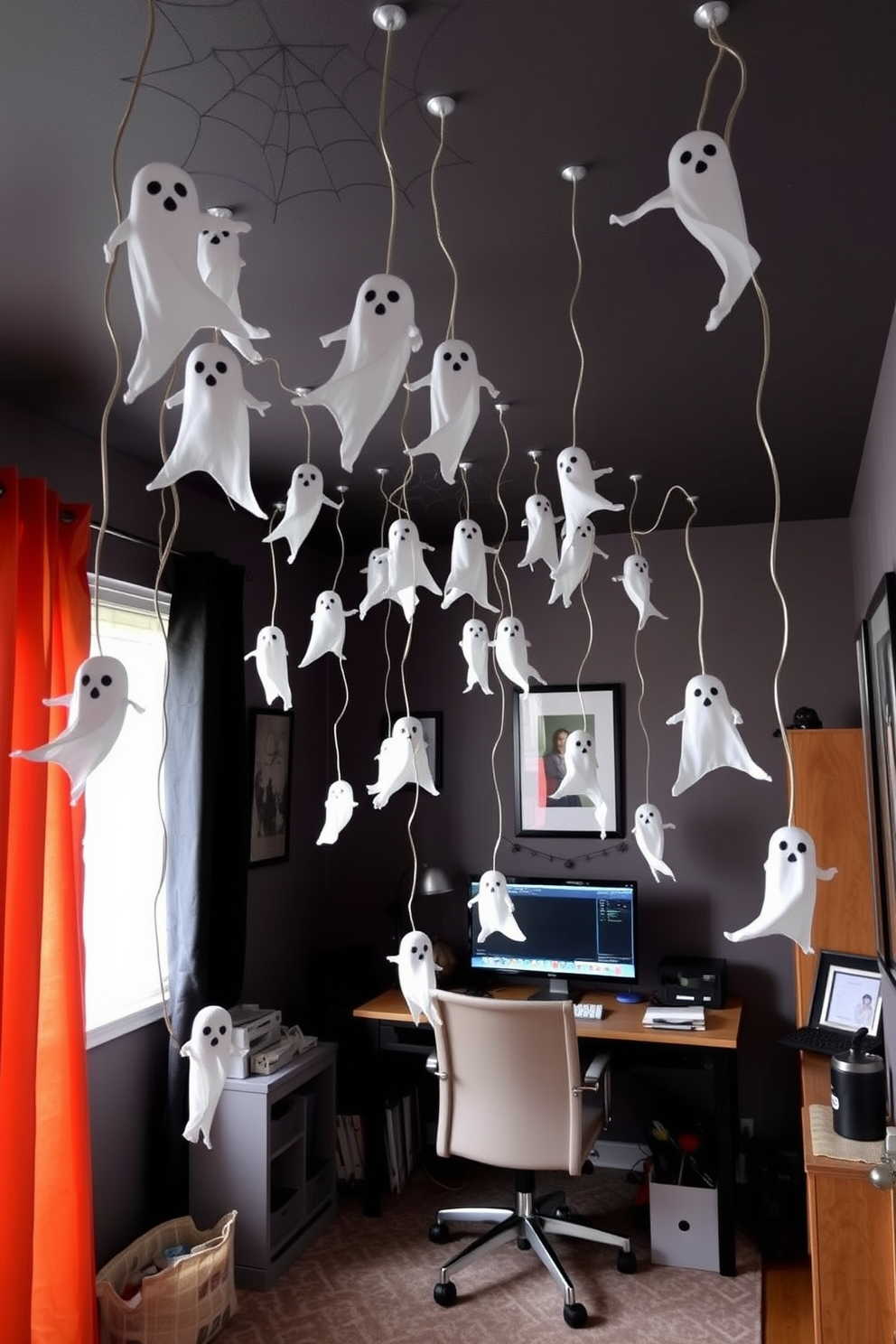 A cozy home office decorated for Halloween features ghost garlands hanging from the ceiling, creating a whimsical and festive atmosphere. The walls are adorned with subtle Halloween-themed artwork, and a comfortable desk is positioned beneath the floating decorations.