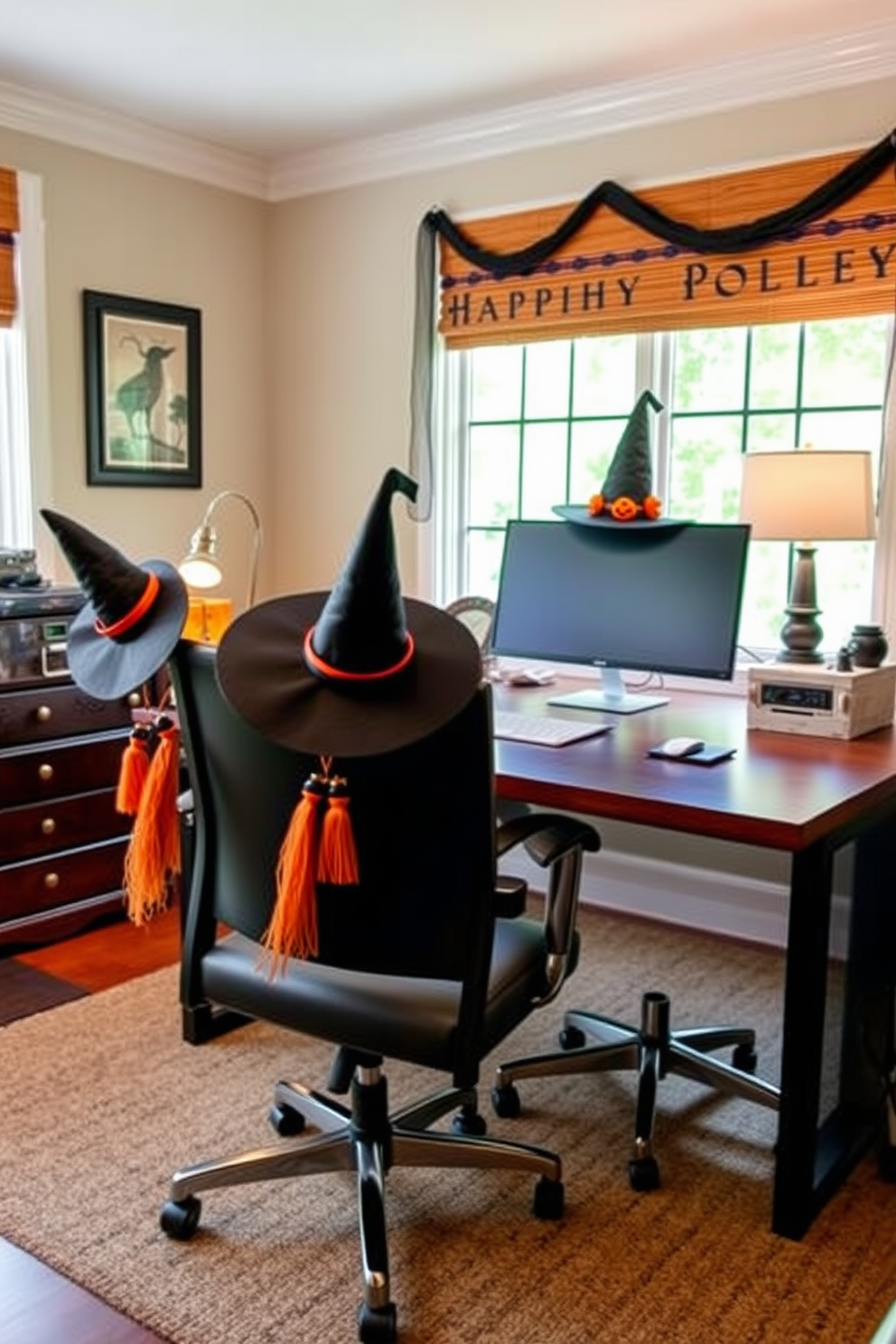 A cozy home office adorned for Halloween features office chairs draped with whimsical witch hat decor. The chairs are positioned around a sleek wooden desk, creating an inviting workspace filled with seasonal charm.