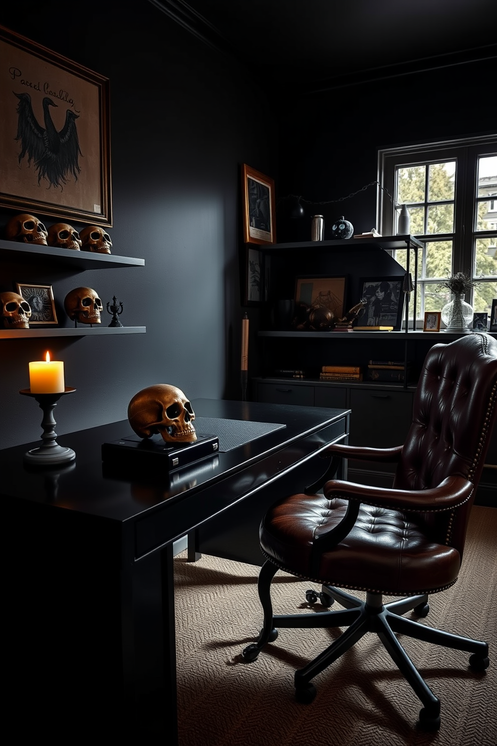 A dark and moody home office setting featuring a sleek black desk adorned with unique skull paperweights. The walls are painted in a deep charcoal color, and a vintage leather chair complements the gothic aesthetic. On the desk, a flickering candle adds ambiance, while a shelf behind showcases an array of spooky decor items. A large window allows dim light to filter in, casting shadows that enhance the macabre atmosphere.