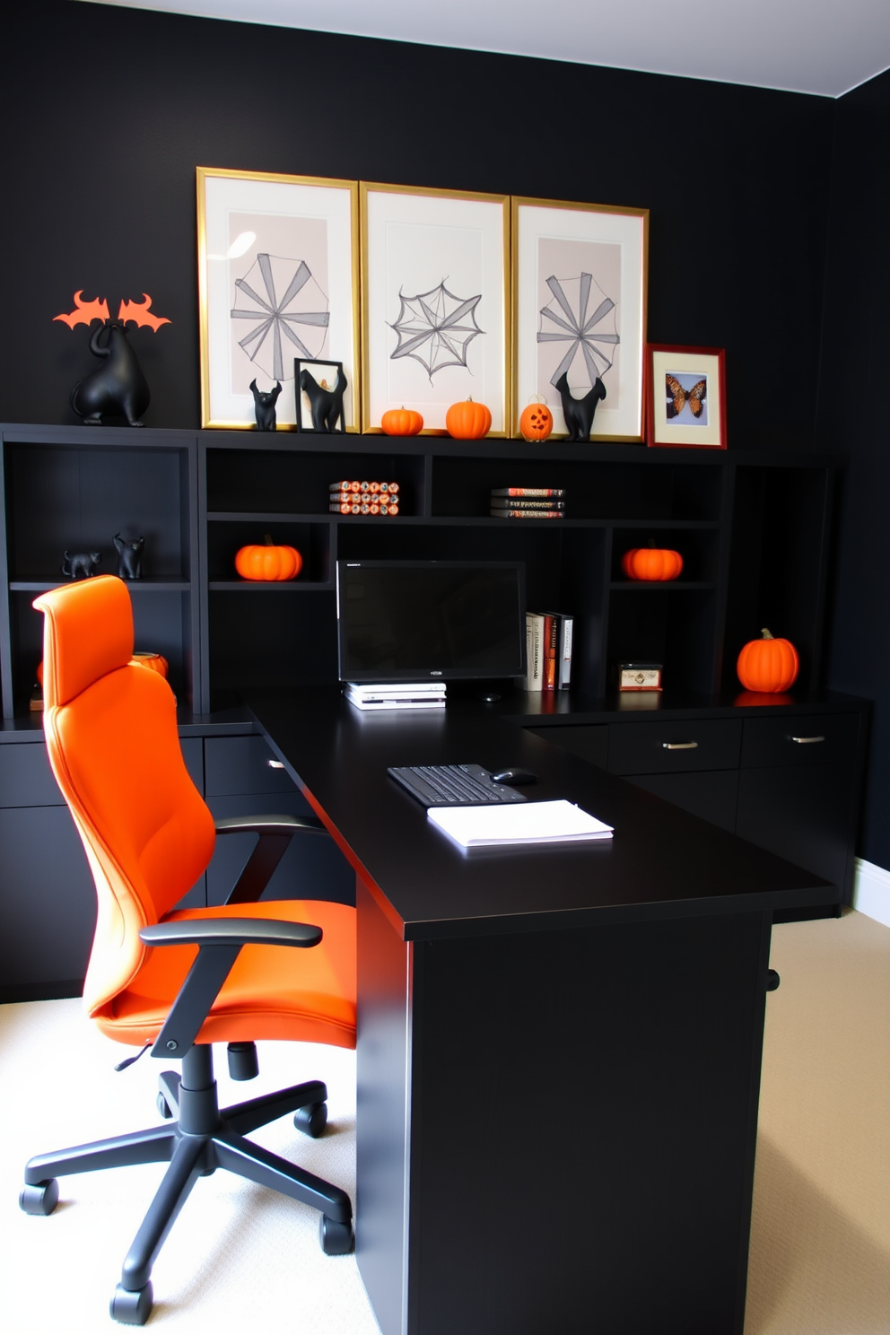 A stylish home office designed with an orange and black color scheme. The walls are painted a deep black, while the furniture features vibrant orange accents, creating a festive yet professional atmosphere. A sleek black desk is paired with an orange ergonomic chair, enhancing both comfort and style. Halloween-themed decorations, such as subtle pumpkin motifs and black cat figurines, are tastefully arranged on the shelves and desk.