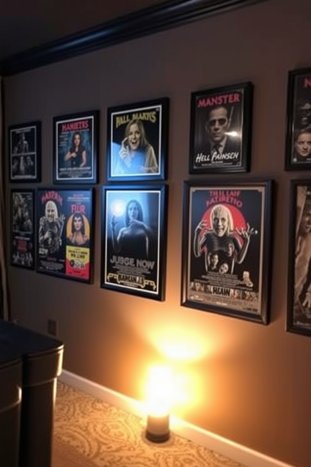 A captivating home theater decorated for Halloween features a wall adorned with spooky movie poster art. The posters showcase classic horror films in vintage frames, creating an eerie yet stylish atmosphere perfect for movie nights.