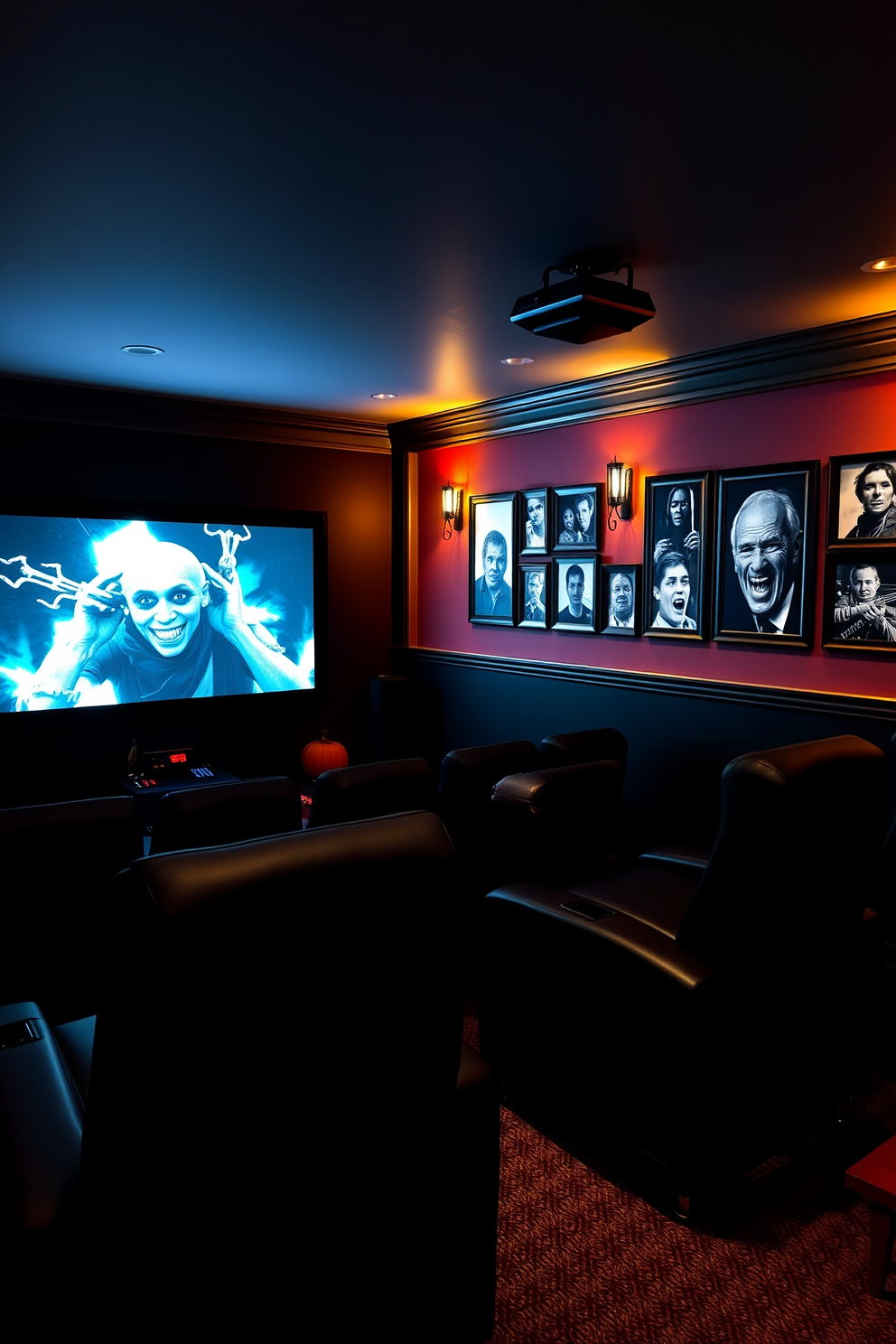 A home theater designed for Halloween featuring framed black and white horror photos adorning the walls. The seating area includes plush black recliners and a large screen displaying classic horror films with dim ambient lighting for a spooky atmosphere.