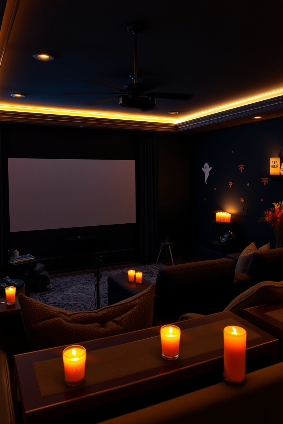 A cozy home theater adorned with plush seating and ambient lighting. The air is filled with the warm scent of pumpkin spice from candles placed strategically around the room. Rich, dark colors dominate the walls, creating an inviting atmosphere. Halloween-themed decorations, such as subtle ghost motifs and autumn leaves, enhance the seasonal vibe without overwhelming the space.