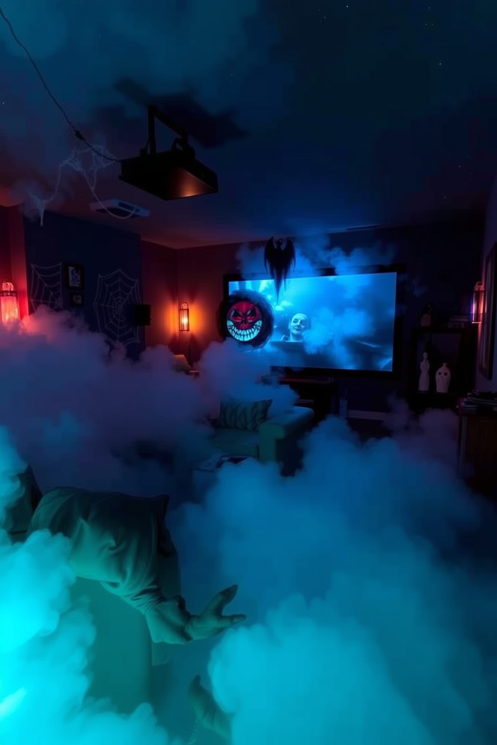 A captivating home theater setting designed for Halloween. The room is shrouded in a mysterious fog created by a fog machine, enhancing the eerie atmosphere. Dim lighting casts shadows on the walls, while themed decorations like cobwebs and ghostly figures add to the spooky vibe. Plush seating is arranged for comfort, inviting guests to enjoy a chilling movie night.