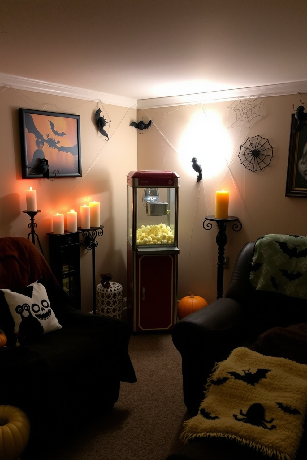 A vintage popcorn machine sits prominently in the corner of a cozy home theater, surrounded by spooky decor that sets the Halloween mood. Flickering candlelight and cobwebs adorn the walls, while plush seating is draped with themed blankets for a comfortable viewing experience.