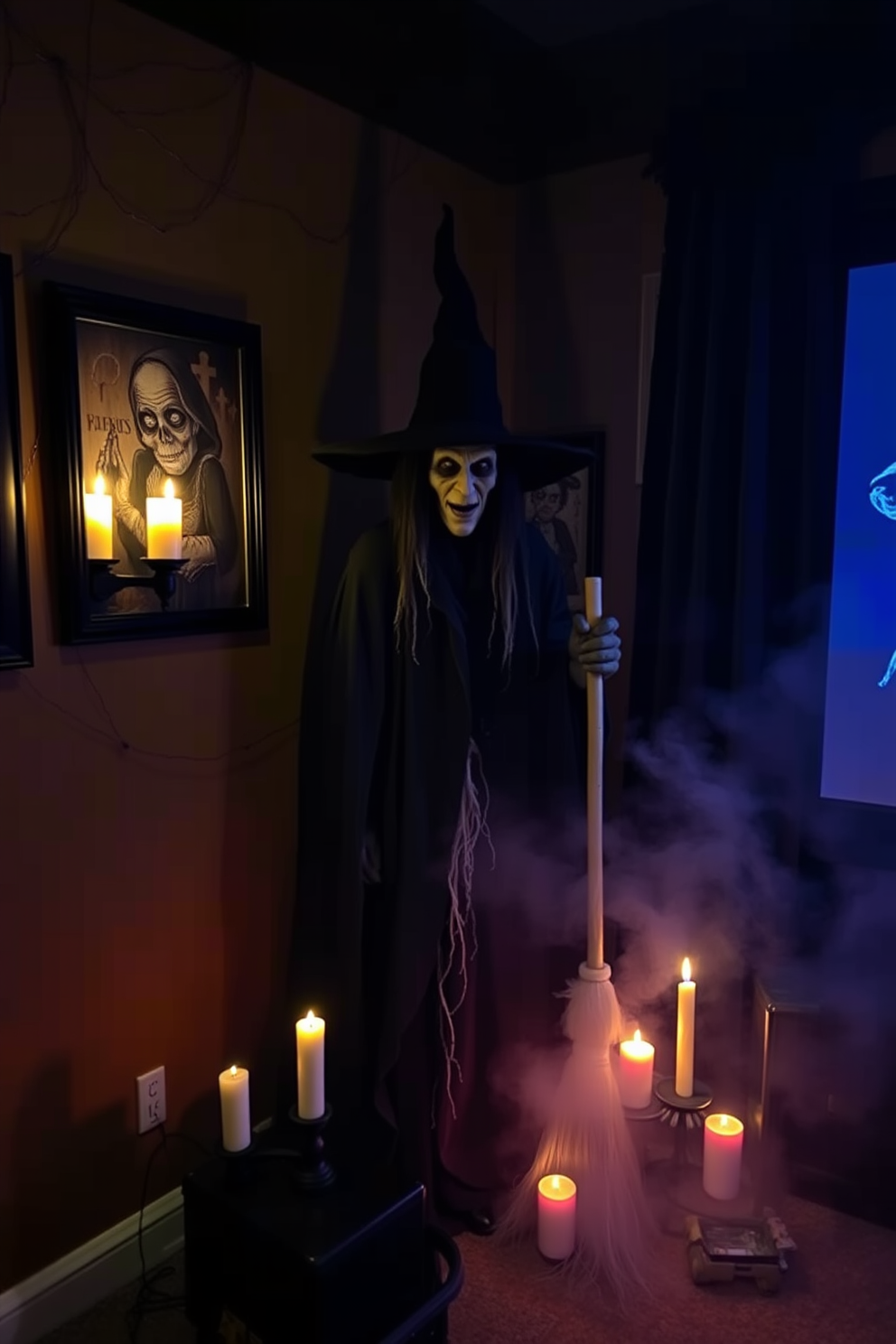 A life-sized witch figure stands ominously in the corner of a dimly lit home theater. The witch is dressed in tattered black robes, with a pointed hat and a broomstick resting beside her. The walls are adorned with cobwebs and spooky artwork, creating an eerie atmosphere. Flickering LED candles and a fog machine add to the haunting ambiance, making it a perfect Halloween setting.