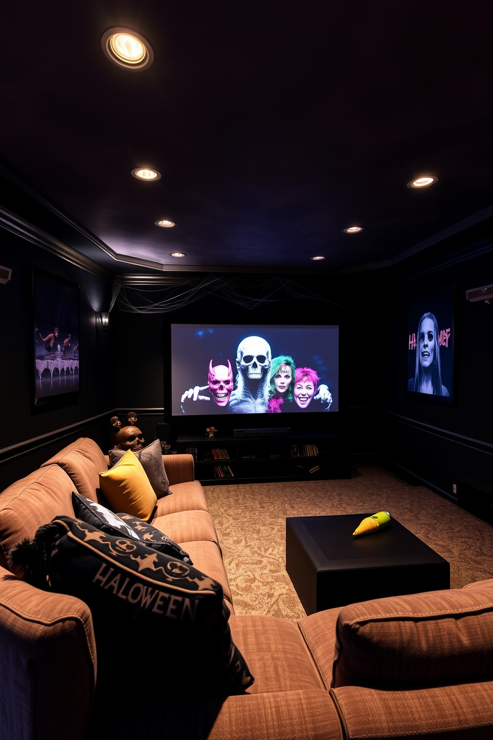 Create an eerie home theater setting designed for Halloween. The walls are painted in dark shades with spooky artwork and cobwebs, while dim lighting casts shadows across the room. Incorporate plush seating with Halloween-themed cushions and a large screen displaying classic horror films. Surround the space with creepy sound effects on loop to enhance the chilling atmosphere.