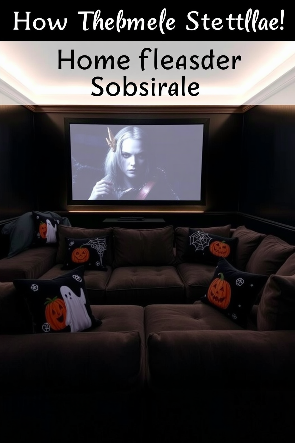 Create a cozy home theater setting featuring a plush sectional sofa adorned with themed throw pillows that showcase spooky motifs like ghosts, pumpkins, and cobwebs. The walls are painted in a deep black color, and soft ambient lighting enhances the eerie atmosphere while a projector screen displays a classic horror film.