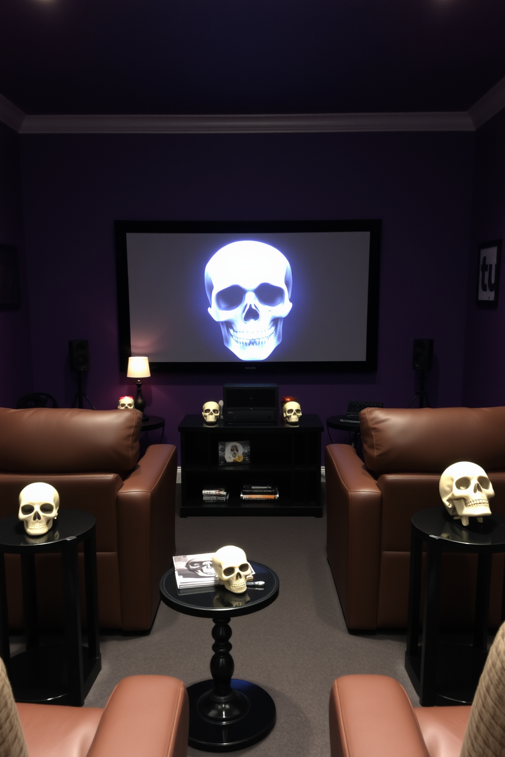 A cozy home theater adorned with decorative skulls on side tables creates a unique Halloween ambiance. The walls are painted in deep shades of purple, and soft dimmable lighting enhances the spooky atmosphere.