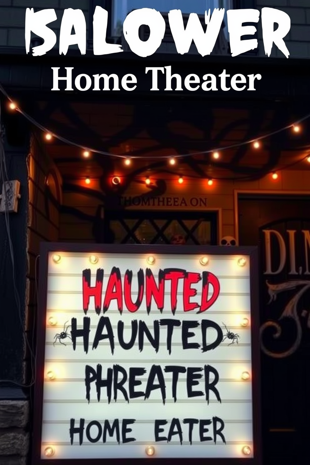 A spooky haunted movie marquee sign is prominently displayed outside a Halloween-themed home theater. The sign is adorned with flickering lights and eerie graphics, setting the perfect atmosphere for a chilling movie night.