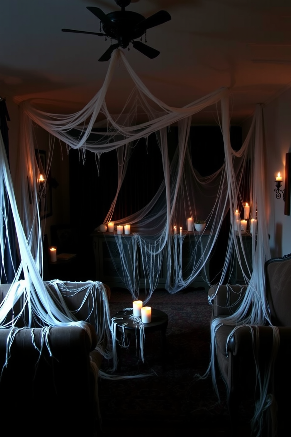 A spooky home theater setting adorned with creepy cobwebs draped over vintage furniture. Dim lighting enhances the eerie atmosphere as flickering candles cast shadows on the walls, creating a hauntingly delightful Halloween vibe.