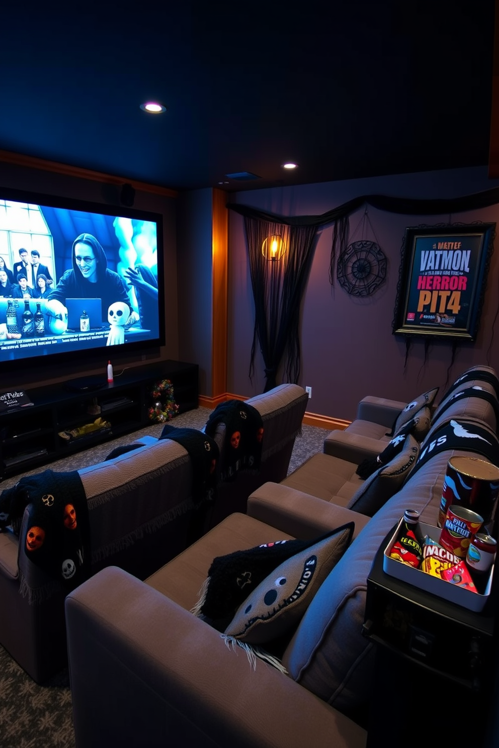 A cozy home theater setting designed for Halloween. The walls are adorned with dark, spooky-themed decorations, and soft lighting creates an eerie ambiance. Plush seating is arranged for comfort, with throw blankets featuring Halloween motifs draped over the chairs. A large screen displays classic horror films, while a collection of themed snacks is neatly arranged on a side table.