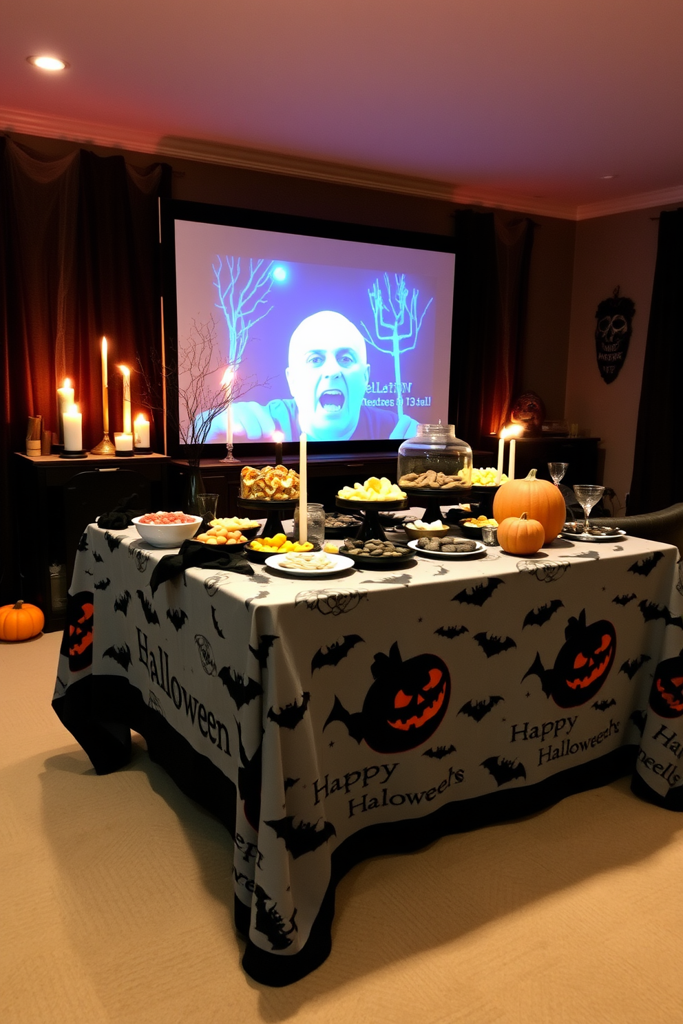 A spooky themed tablecloth drapes over a snack table adorned with an assortment of Halloween treats. Flickering candlelight casts eerie shadows, while decorative pumpkins and cobwebs add to the chilling ambiance of the home theater.