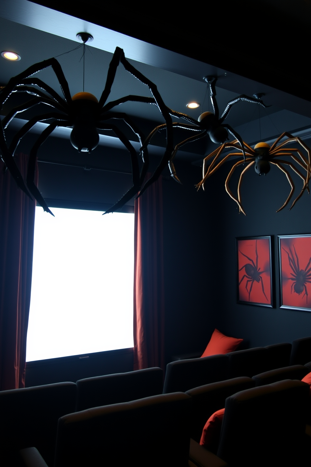 Giant spider decorations are hung from the walls of a dimly lit home theater, creating an eerie atmosphere perfect for Halloween. The room is adorned with black and orange accents, and plush seating is arranged for an immersive movie experience.