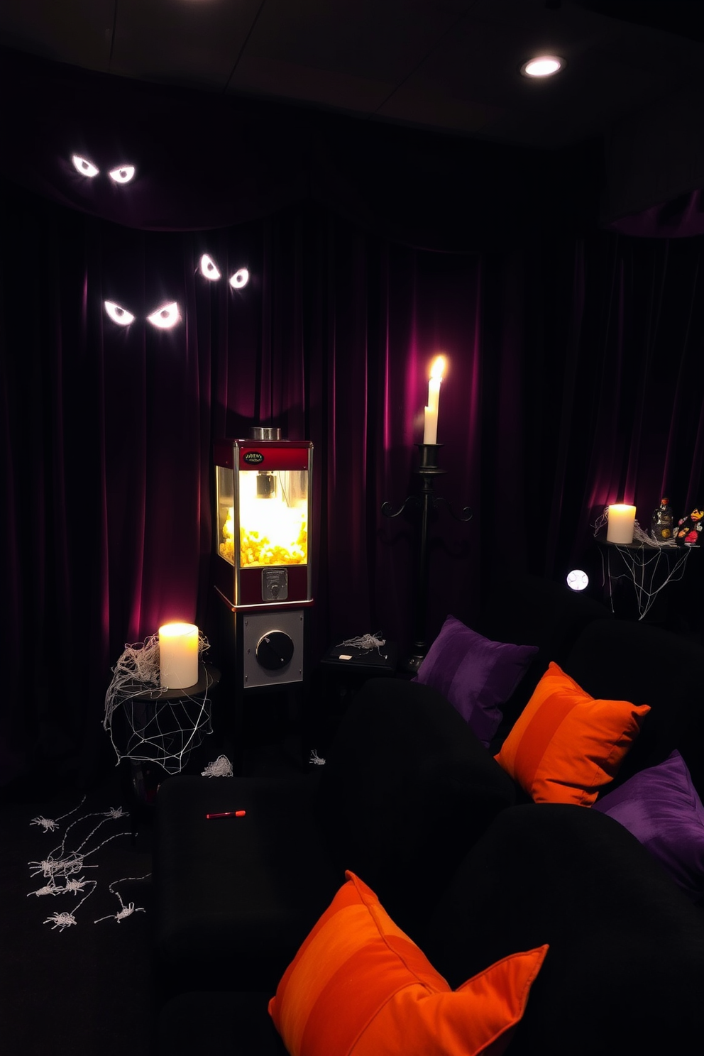 Eerie glowing eyes peer from the dark corners of a home theater, casting an unsettling ambiance throughout the room. The walls are draped in deep purple velvet, while flickering candlelight enhances the haunting atmosphere. A vintage popcorn machine stands in the corner, surrounded by scattered fake cobwebs and spooky decor. Plush black seating with orange and purple throw pillows invites guests to settle in for a chilling movie night.