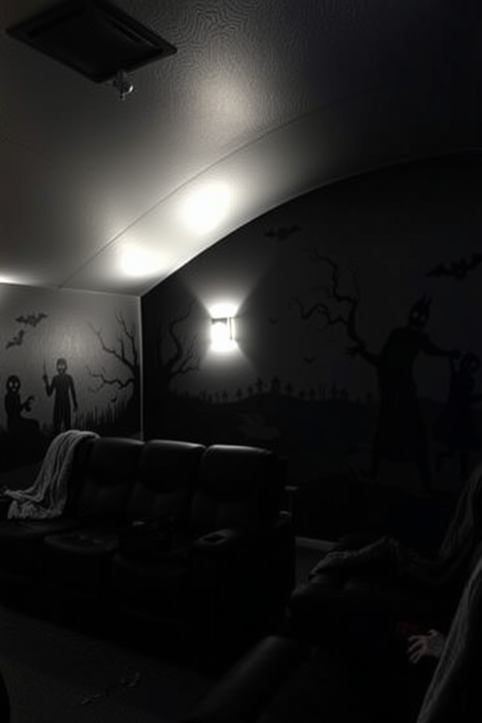 A darkened home theater room features creepy themed wall decals that evoke a haunting atmosphere. The walls are adorned with ghostly figures and eerie landscapes, enhancing the chilling ambiance for Halloween movie nights. The seating area includes plush black recliners arranged for optimal viewing, each adorned with spooky throw blankets. Dim lighting accents the decals, casting unsettling shadows that contribute to the overall eerie feel of the space.