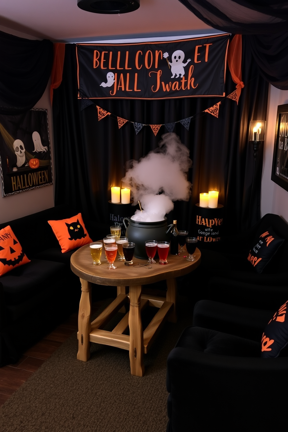 A whimsical Halloween themed drink station setup featuring a rustic wooden table adorned with an assortment of spooky drinkware. The backdrop includes a black and orange banner with ghostly decorations, and a cauldron filled with dry ice for a smoky effect. A cozy Halloween home theater decorated with plush black seating and themed throw pillows. The walls are draped in dark fabric, and dim lighting creates a haunting atmosphere, complemented by flickering LED candles and themed artwork.