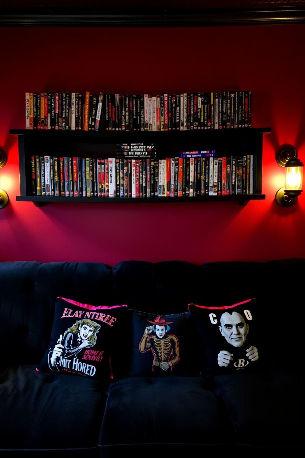 A retro horror movie DVD collection is showcased on a dark wooden shelf, with each spine facing outward for easy viewing. The wall behind the shelf is painted in a deep crimson hue, enhancing the eerie ambiance of the home theater. In front of the shelf, a plush black velvet couch is adorned with Halloween-themed throw pillows featuring classic horror icons. Dim lighting from vintage-style sconces casts a warm glow, creating an inviting yet spooky atmosphere for movie nights.