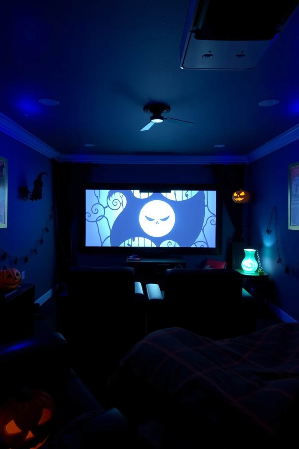 A cozy home theater designed for Halloween festivities. The room is dimly lit with black lights casting an eerie glow, creating a chilling atmosphere perfect for movie nights.