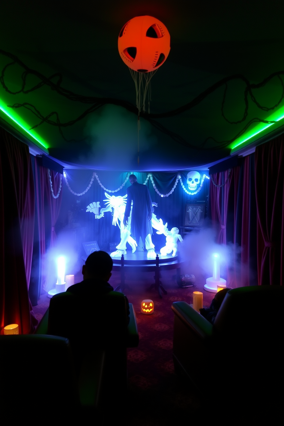 Create an immersive Halloween home theater experience with interactive scare props designed to surprise and delight guests. Incorporate elements like animatronic figures, hidden speakers for eerie sound effects, and strategically placed fog machines to enhance the spooky atmosphere.