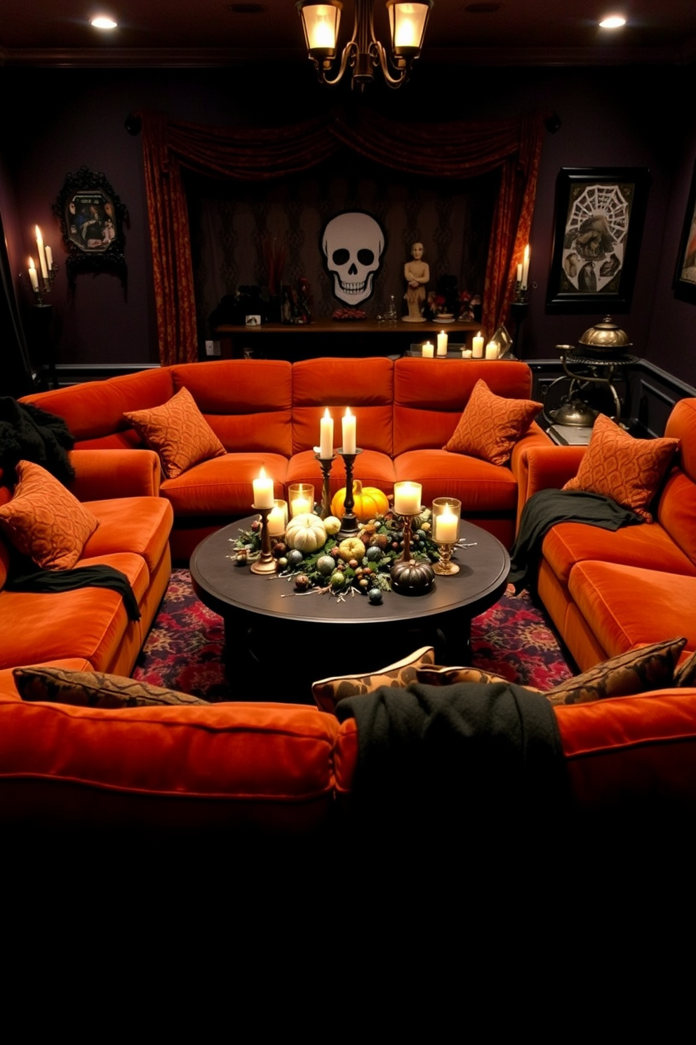 Thematic seating arrangements for comfort. Plush, oversized sofas in rich autumn colors surround a central coffee table adorned with seasonal decorations and cozy blankets. Halloween Home Theater Decorating Ideas. Dim lighting creates an eerie atmosphere with strategically placed candles and themed decor like cobwebs and spooky wall art.