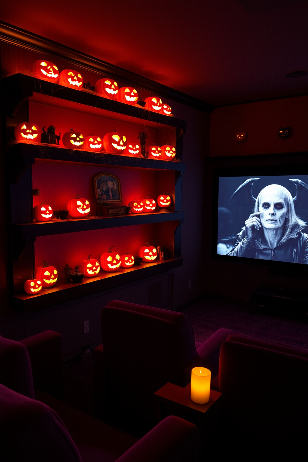 Glowing jack-o-lanterns are artfully arranged on dark wooden shelves, casting a warm orange light throughout the room. The shelves are adorned with spooky decorations like cobwebs and small figurines, creating a festive Halloween atmosphere. The home theater features plush seating in deep shades of purple, enhancing the cozy yet eerie vibe. A large screen displays classic horror films, while flickering candlelight adds an extra touch of ambiance to the space.