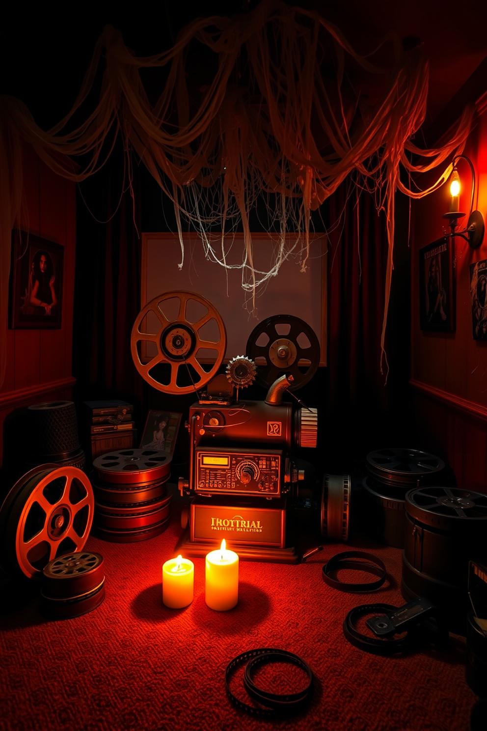 A creepy old film projector sits as the centerpiece of a dimly lit home theater. Surrounding it are vintage film reels and cobwebs draping from the ceiling, creating an eerie atmosphere perfect for Halloween.