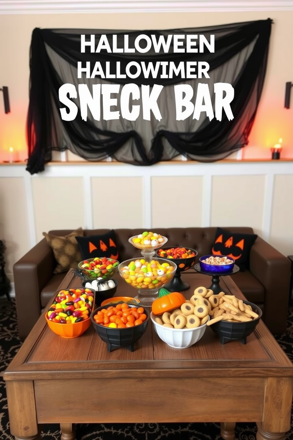 Themed snack bar with Halloween treats. A rustic wooden table is adorned with an array of colorful candy bowls filled with gummy spiders, chocolate eyeballs, and pumpkin-shaped cookies. Halloween Home Theater Decorating Ideas. The walls are draped with black and orange fabric, while flickering LED candles create a spooky ambiance around the plush seating area.