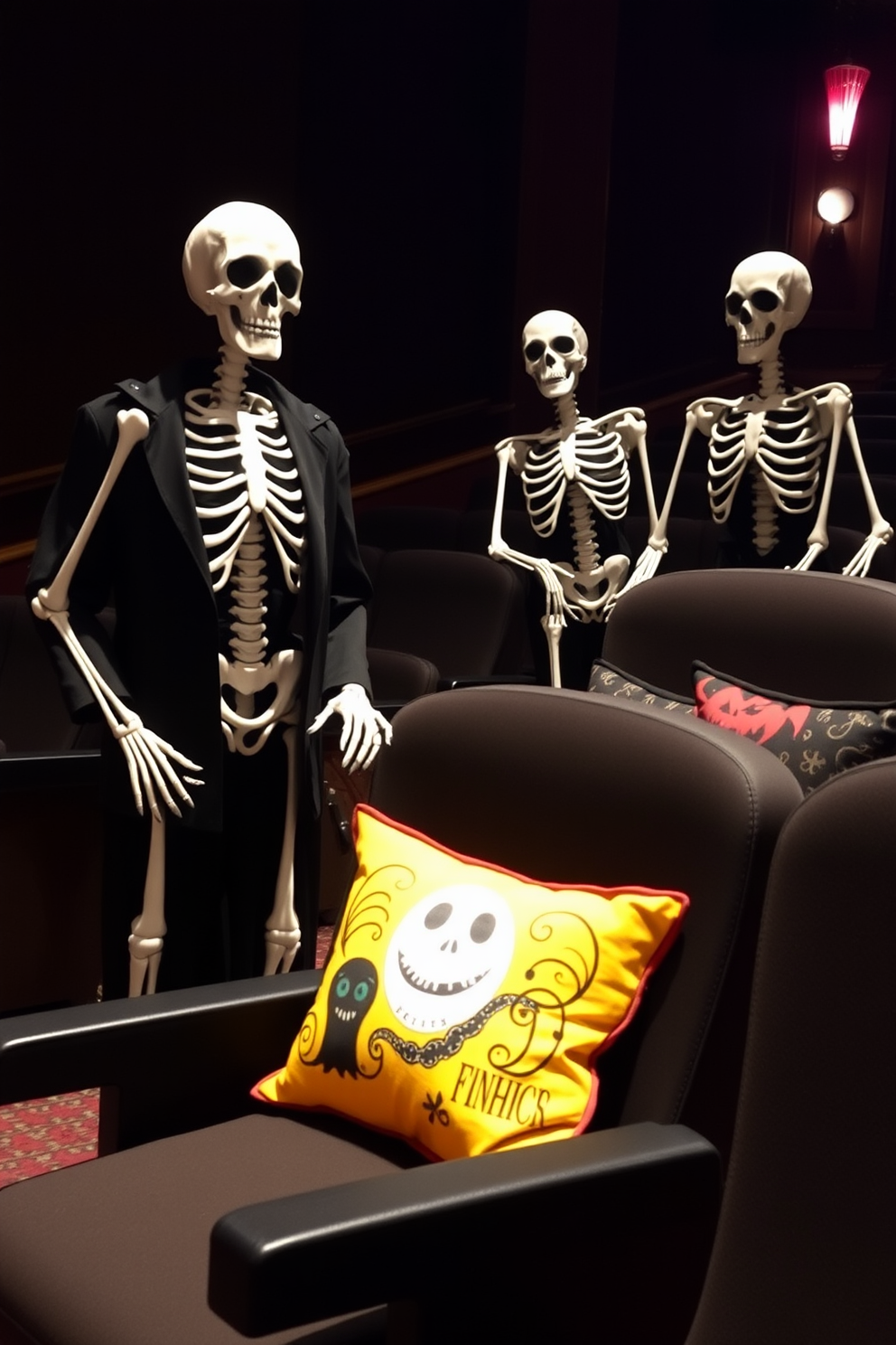 Skeletons dressed as ushers stand at the entrance of a dimly lit home theater. The theater seats are adorned with Halloween-themed cushions featuring spooky designs and vibrant colors.