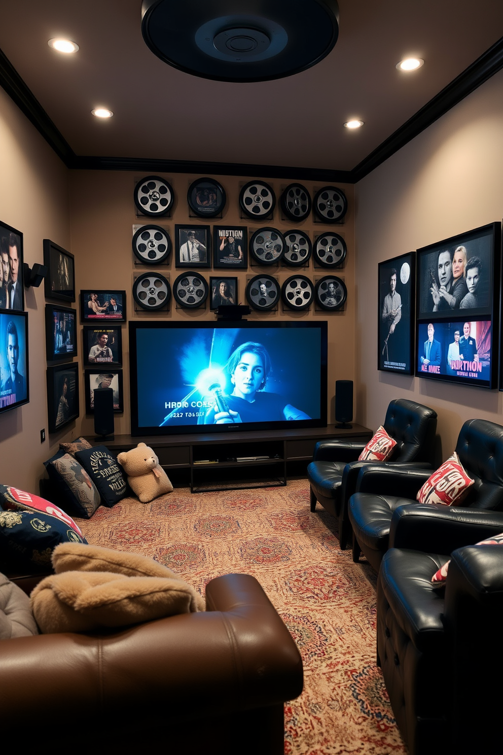 A cozy home theater designed for vintage horror film enthusiasts. The walls are adorned with framed vintage horror film reels, creating an immersive cinematic atmosphere.