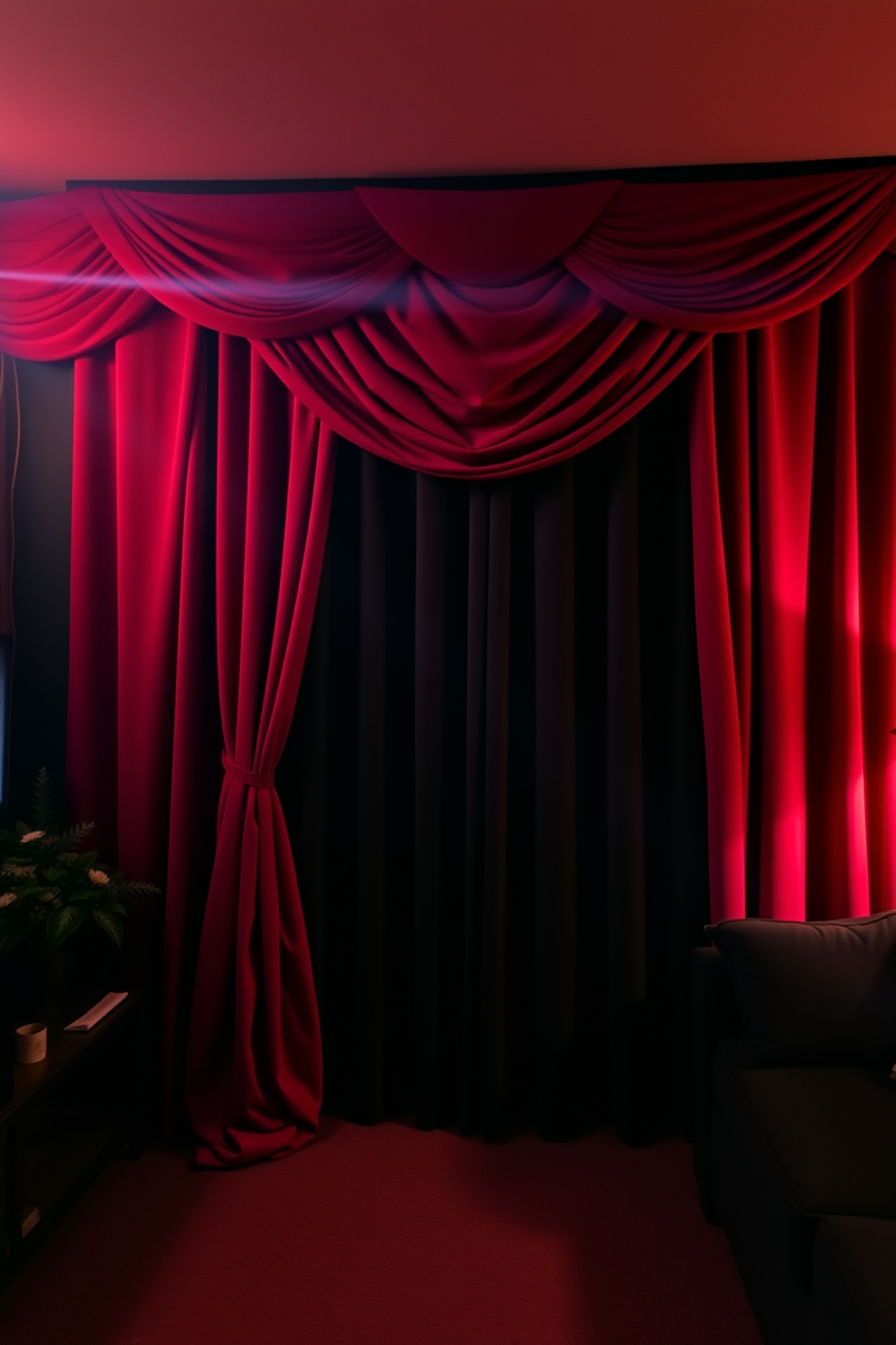 A cozy home theater adorned with blood-red velvet curtains that cascade dramatically to the floor. The room is dimly lit, creating an intimate atmosphere perfect for movie nights and Halloween gatherings.