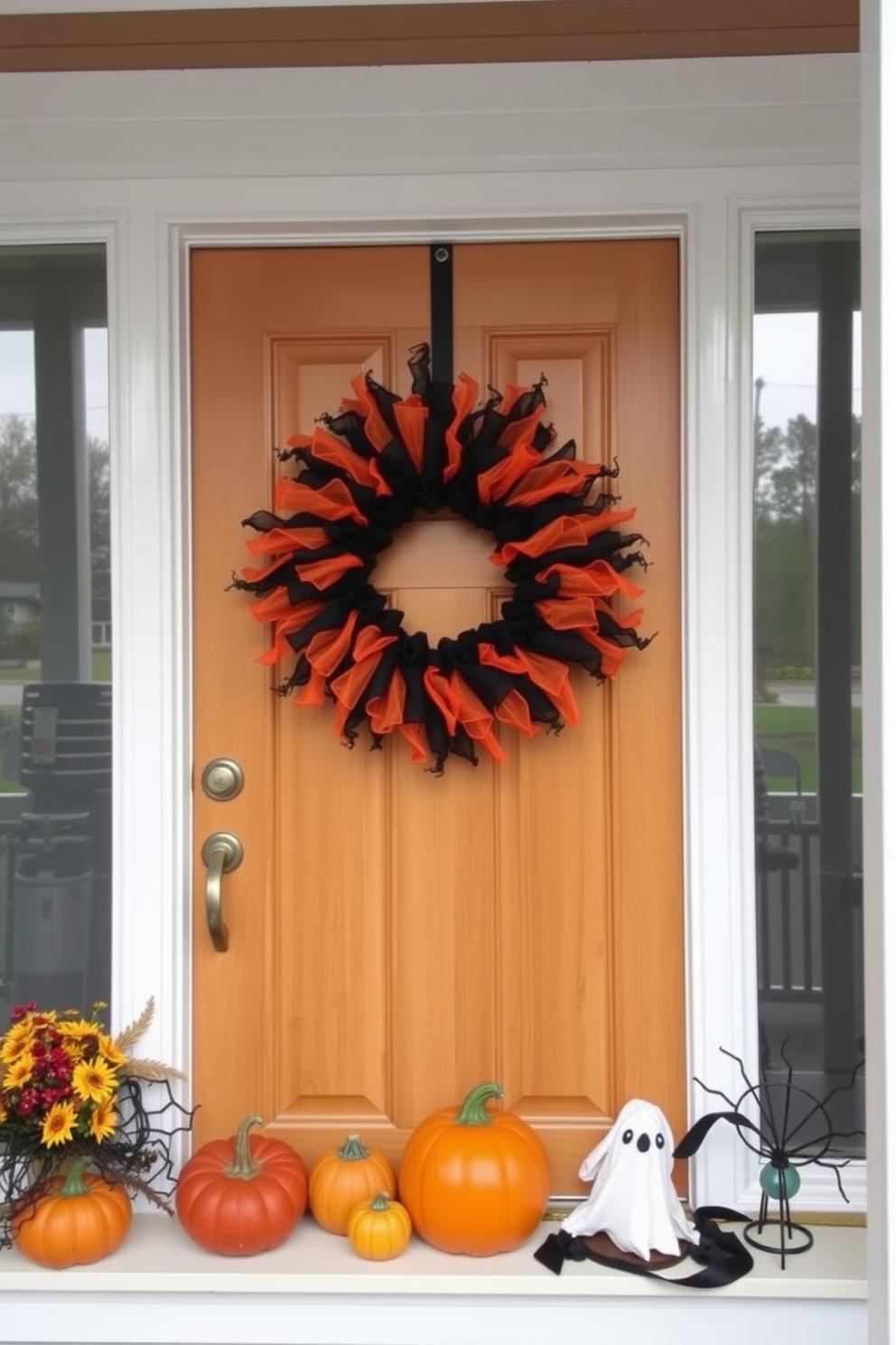 A spooky wreath made of black and orange materials hangs on the kitchen door. Surrounding the door, festive Halloween decorations include small pumpkins and ghostly figures placed on the windowsill.